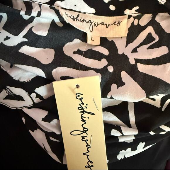 Wishing Waves Black and White Notched Collar Puff Sleeve Midi Dress Women’s Sz L - Picture 4 of 5